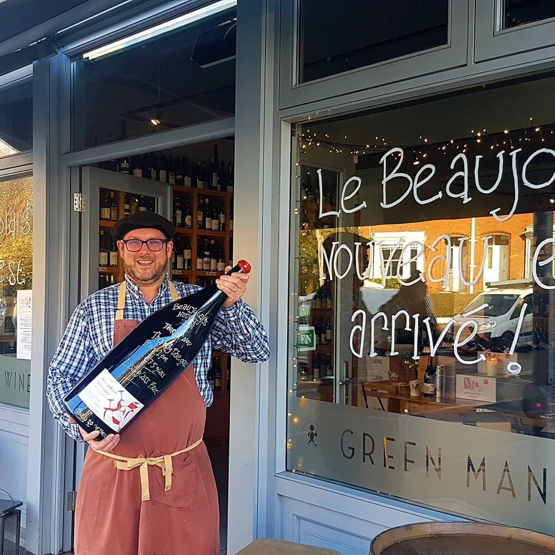 GreenManWines1's tweet photo. Le Beaujolais Nouveau est arrivee! We're opening this MASSIVE 15lt bottle today. Pop in and laugh at me trying to pour it! https://t.co/JHaQjv5qkI