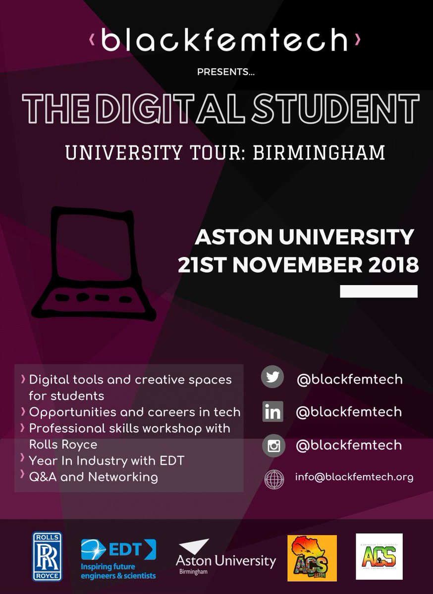 AstonUniCareers's tweet photo. 🗣️| Want to find out more about careers in STEM?

@blackfemtech will be on campus next week with @RollsRoyce and @TheEDTUK to discuss opportunities in tech.

 Find out more and book your place at https://t.co/rjTrQsqgsh https://t.co/SgIPtPMyAW