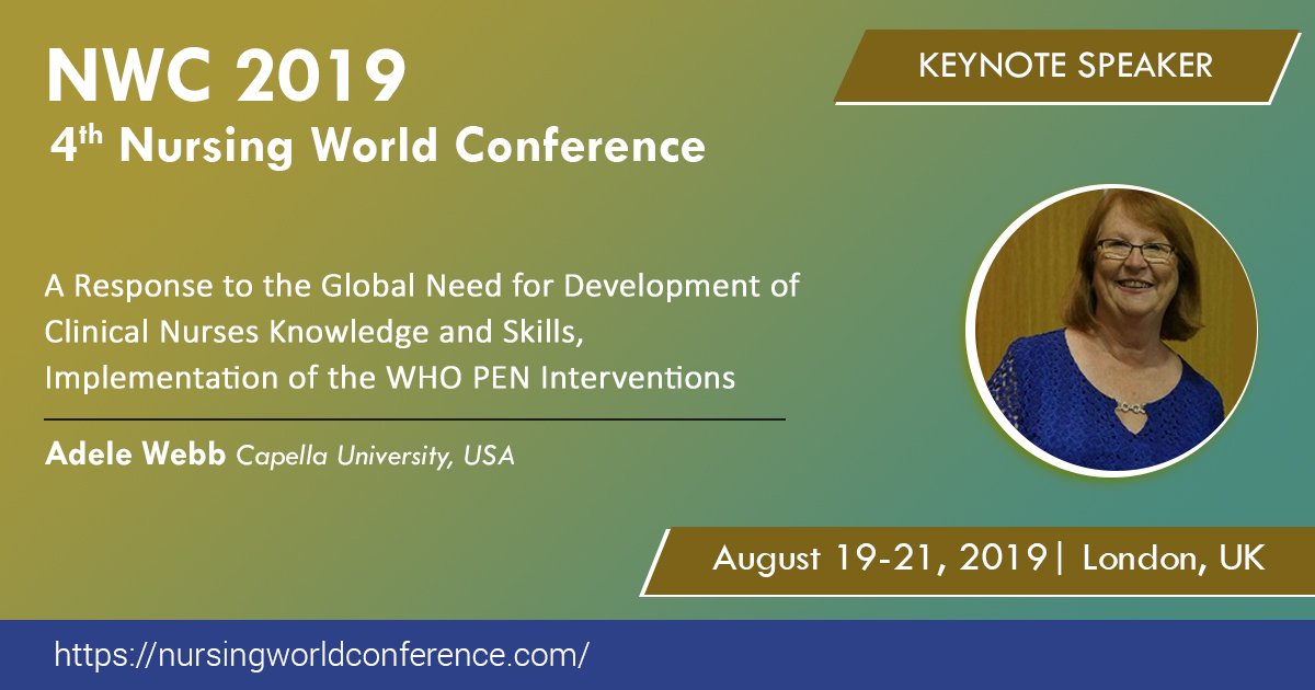 NursingConf's tweet photo. Don't miss out the keynote Speech by #Adelewebb at #4thNursingWorldConference in August 19-21, 2019 at London, UK.
URL: https://t.co/DHQy0XKS5K @jclinnursing @OncNursingNews @DentalNJournal @UniS_ChildNurse https://t.co/Hktzyf6M7S