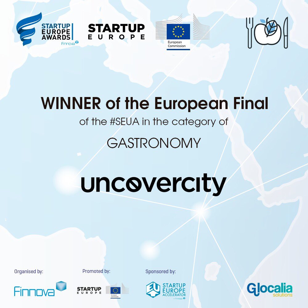 uncovercity's tweet photo. ¡Felices! #uncovercity elegida como mejor #startup europea en #Gastronomy #SEUAFinal # SES18 ¡Gracias! @GabrielMariya @StartUpEU @isidrolaso @FinnovaEU https://t.co/4eja6QFSZw