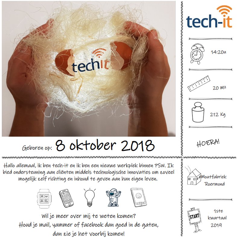 PSWML's tweet image. Tech-it is geboren! Een plek waar de nieuwste vormen van technologie getest worden door cliënten. Denk aan apps, gadgets, beeldschermzorg, zorgrobots, etc. Hiermee hopen we goede oplossingen snel beschikbaar te kunnen maken voor onze de cliënten. Meerinformatie via tech-it@psw.nl