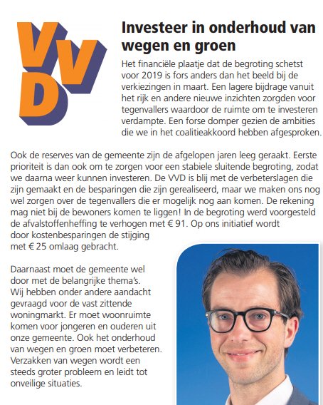 De begroting 2019 is in de raadsvergadering van 8 november jl. goedgekeurd. De VVD is blij met het kleine overschot. Het huishoudboekje op orde hebben is voor ons eerste prioriteit. Speerpunten nu zijn het aanpakken van de woningmarkt en het onderhoud van de wegen en groen.