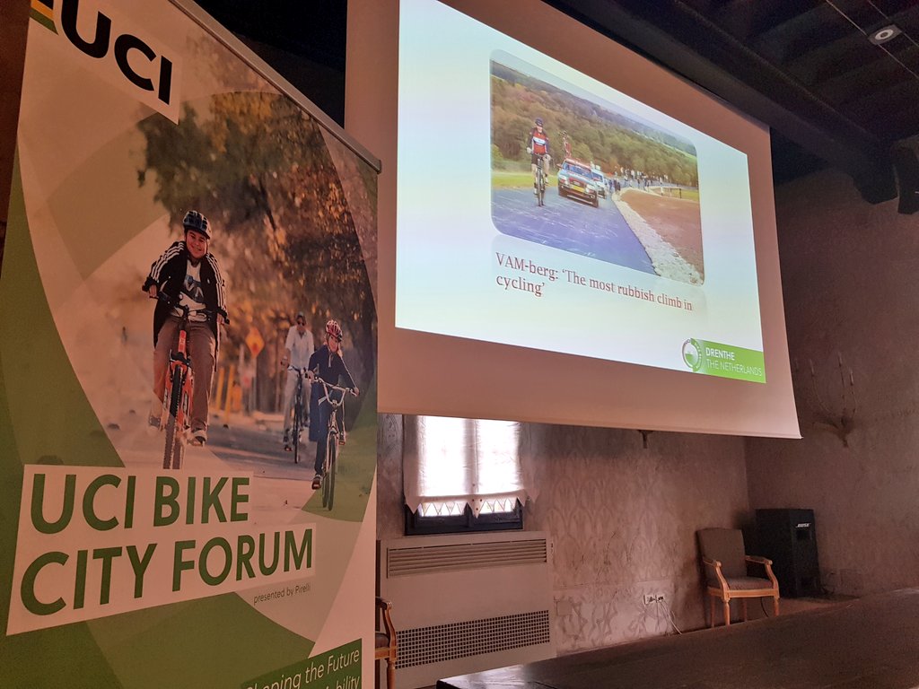 cycling's tweet photo. At #UCIForum we are looking at how cycling can solve a problem.
Case study - the VAM-berg in #UCIBikeRegion Drenthe๐ณ๐ฑ - the most rubbish climb in cycling! https://t.co/uZU6gn1yvp