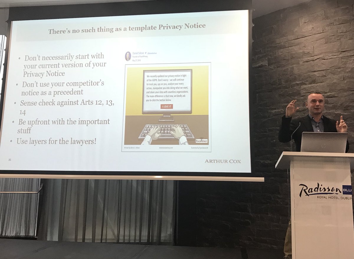 EUstaran's tweet photo. No nonsense advice from @ArthurCoxLaw Rob Corbet at #pdpconference about transparency &amp; privacy notices under the #GDPR. https://t.co/N3qEBNqtZa