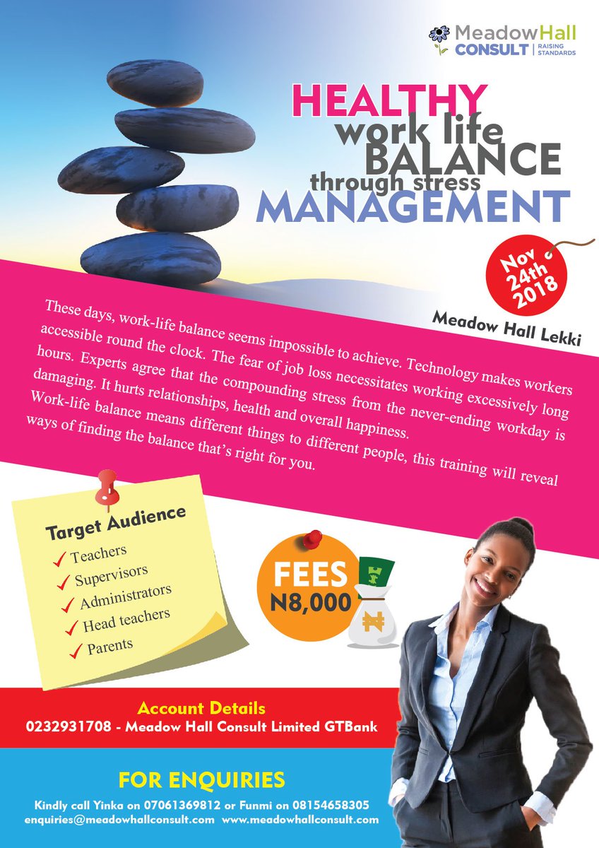 MHallConsult's tweet photo. Lack of balance takes toll on our physical and mental health.
Want to achieve Healthy Life Work Balance? Register for our November 24th Training
#education #edutwitter #educatorsinlagos #wearemeadowhall #Training https://t.co/g2S0rbjGR4
