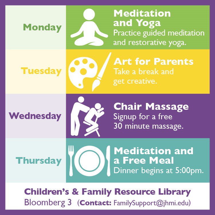 HopkinsKids's tweet photo. With an innovation grant, our PFAC and Patient and Family Centered Care teams partnered to enhance the Children's and Family Resource Library to provide a quiet space for parents to use computer equipment and enjoy evening programing like yoga, meditation, chair massage and art. https://t.co/RBlQmyRJAq