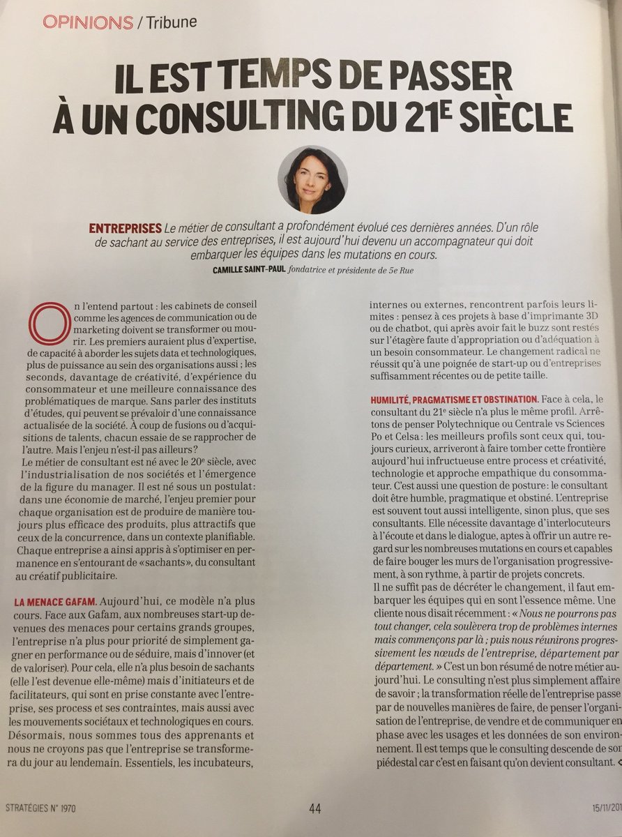 Agence_3iCom's tweet photo. "Il est temps de passer à un consulting du 21e siècle" la tribune de @camillestpaul fondatrice et présidente de @5eRUE à lire dans le @Strategies de cette semaine https://t.co/mb5QgXea7n