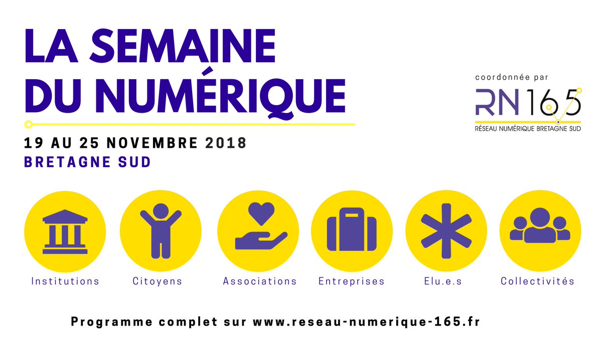 TechLorient's tweet photo. [ Agenda ] Semaine du numérique #BretagneSud
🗓️ Du 19 au 25 novembre 2018, coordonnée par @LeRN165
❗️Avec notamment Connect'in Lorient le mardi 20 novembre 😉
#SemaineduNumérique18 #Connectin18
https://t.co/9SYe5erEUX https://t.co/B5vYUCdSVr