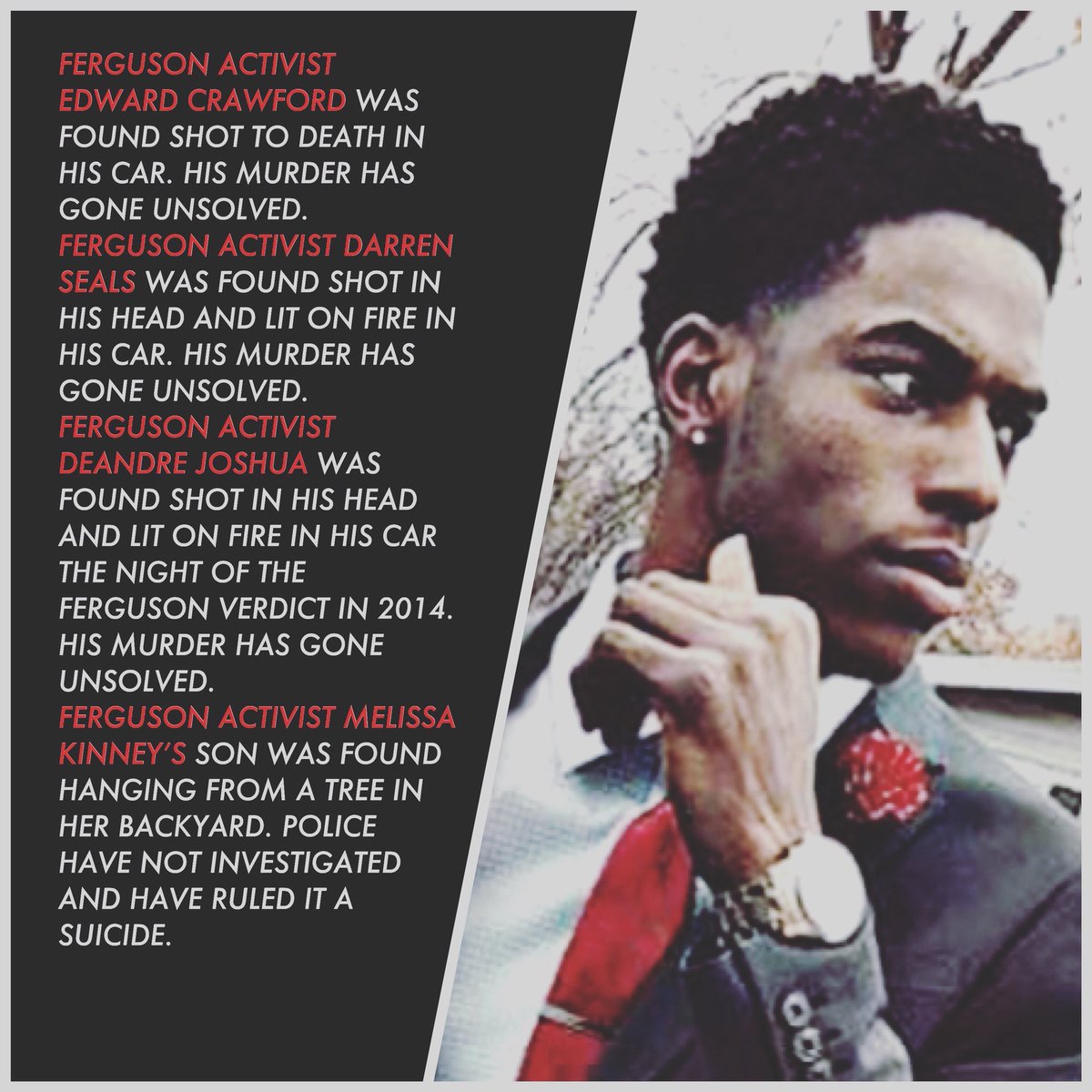 theblaqgawd's tweet photo. #DanyeJones #edwardcrawford #Darrenseals #Deandrejoshua
Prayers and condolences to #melissakinney
Retweet to spread awareness https://t.co/2eX392ZutP