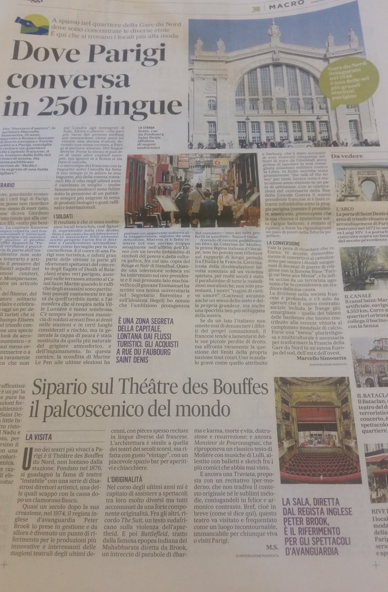 FranceenItalie's tweet photo. Sul #Messaggero #MarcelloSimonetta propone un percorso inedito a #Parigi intorno alla #Garedunord, un quartiere #multietnico da scoprire e ci parla anche delle @BouffesDuNord - M. #Simonetta raconte le quartier #multiethnique de la Gare du nord, #Paris est toujours une découverte https://t.co/q9gTdOEKUT