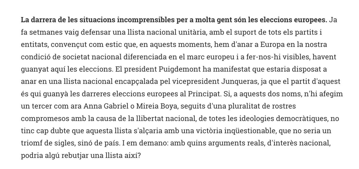 KasperJuuI's tweet photo. 🗞 Carod-Rovira sobre una llista unitària per les eleccions europees: "No seria un triomf de sigles, sinó de país. I em demano: amb quins arguments reals, d'interès nacional, podria algú rebutjar una llista així?": https://t.co/W9oLtbOiRZ. "És incomprensible per a molta gent". https://t.co/NqCUoXpOAj
