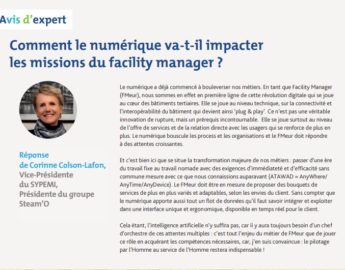 CERTIVEA_'s tweet photo. 💡Comment le #numérique va-t-il impacter les missions du facility manager ? Réponse de @ColsonLafon Vice-Pdte du @Sypemi_FM, Pdte de @Steamo_fr : le Facility Manager doit être le chef d’orchestre des multiples attentes des usagers et proposer des bouquets de services...#FMeur https://t.co/0vK7JvmWm8