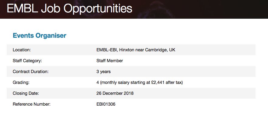 #Events organiser to help run onsite and offsite events as part of the <a href="/EBItraining/">EMBL-EBI Training</a> team. Contribute to the smooth running of events from #budgeting to promotion and post event feedback: embl.de/jobs/searchjob… #EMBLjobs #eventsjobs