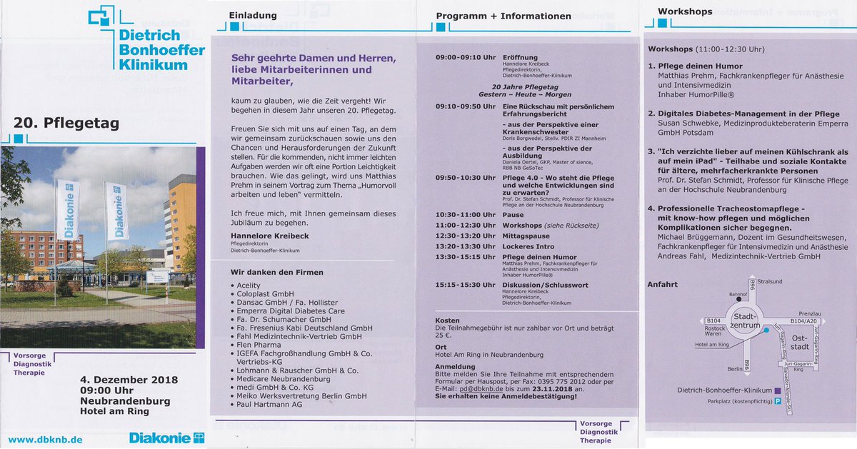 EmperraDE's tweet photo. Das Diakonie Klinikum Dietrich Bonhoeffer GmbH veranstaltet den 20. Pflegetag am 4. Dezember 2018 im Hotel am Ring, Neubrandenburg. Emperra lädt in diesem Rahmen zum Workshop Telemedizin. Mehr Infos dazu im Flyer. #ehealth #diabetes https://t.co/wvtrvI2rYU