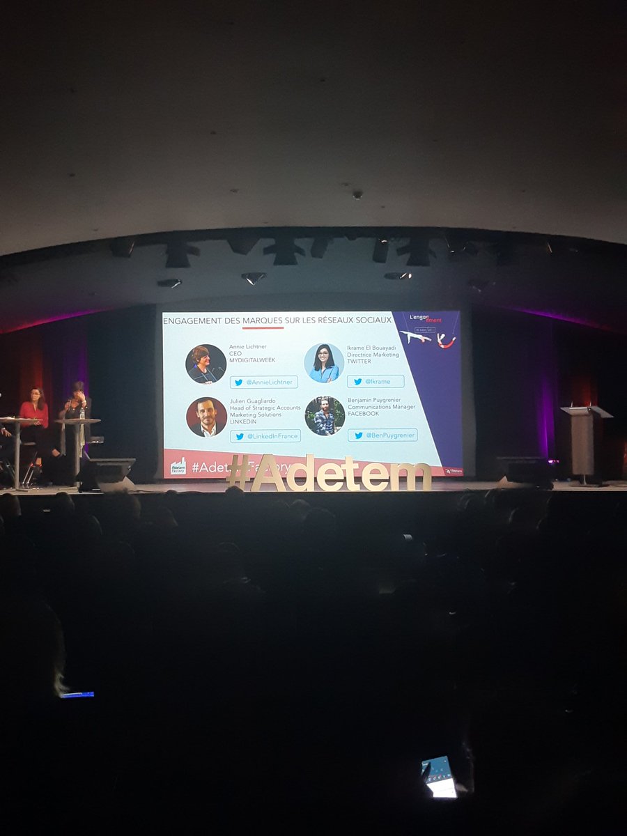 GettyImages_fr's tweet image. L&apos;engagement des marques sur les réseaux sociaux avec @Ikrame Directrice de @Twitter @AnnieLichtner CEO de @mydigitalweek @BenPuygrenier  Communication manager de @facebook et @LinkedInFrance 
@adetem #AdetemFactory