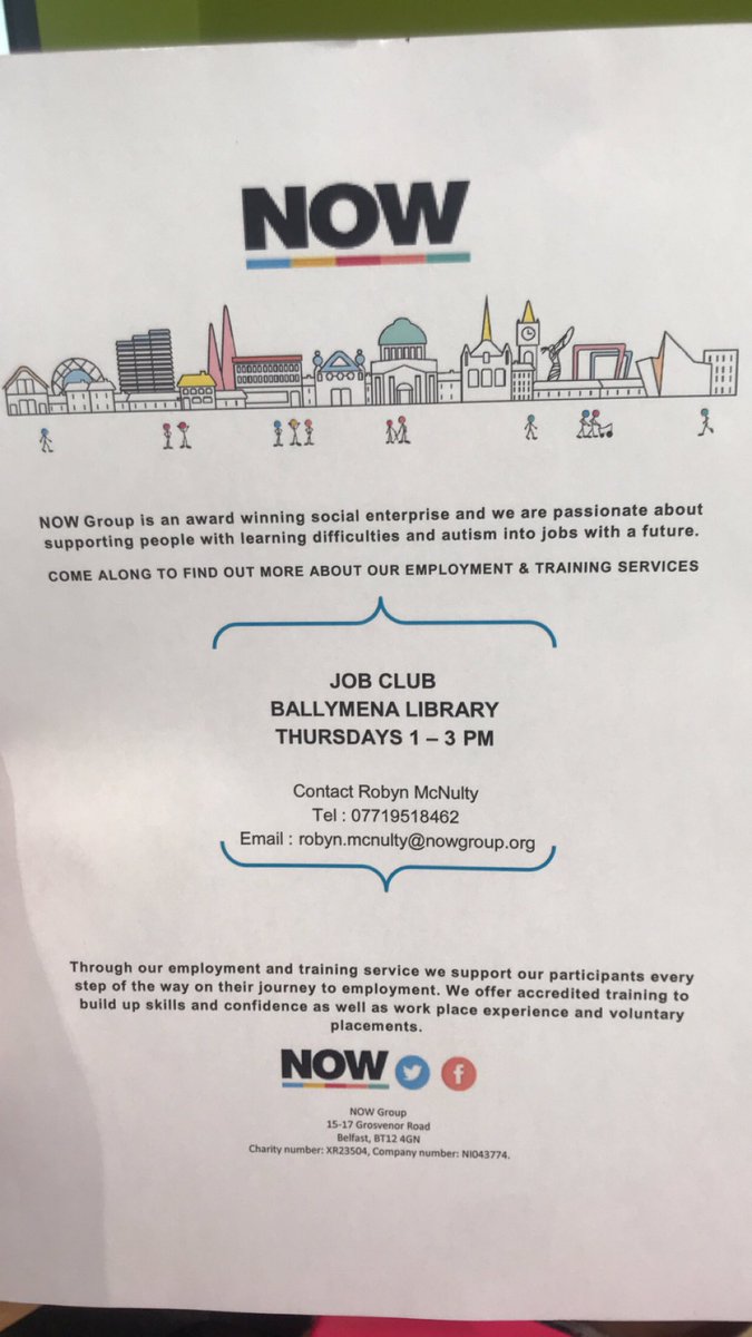 Ballymena job club runs every Thursday from 1-3pm in the Ballymena Library. If you know anyone who would benefit from this service tell them to come along. <a href="/LibrariesNI/">Libraries NI</a> <a href="/NOW_Group/">NOW Group</a>
#Supportedemployment #Ballymena