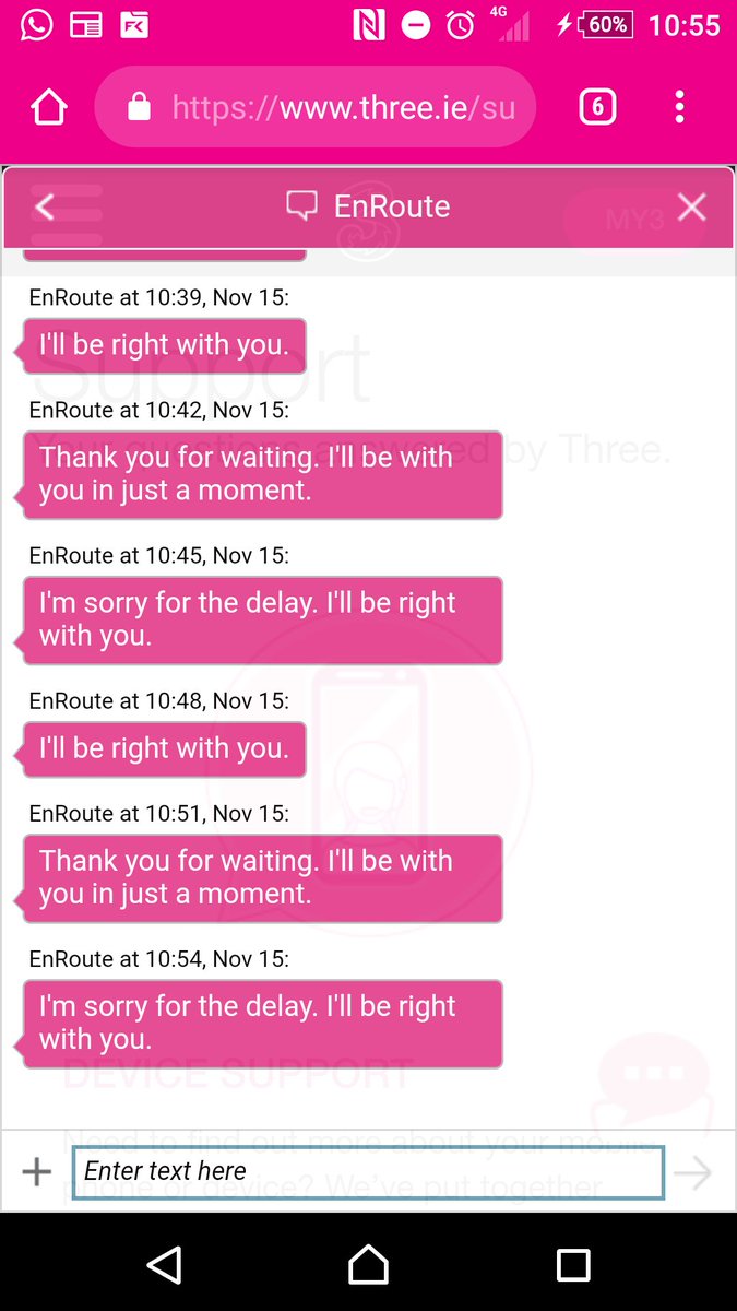 adooconnor's tweet photo. @ThreeCare it's been an interesting day 1 of switching to three mobile. Been on live chat since 8.56am but no evidence yet anyone actually works there. At least the autobot is keeping me in the loop......Customer care, can u contact me please? https://t.co/cqNjeB3BHz