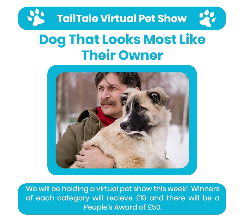 Tailtale_tech's tweet photo. VIRTUAL PET SHOW: DOG THAT LOOKS MOST LIKE THEIR OWNER.
Do you and your #pooch look particularly alike? 
Enter by downloading the TailTale app and posting their pictures with the relevant category. Multiple entries are welcome but close Weds 21 Nov. #Winners announced on 28th. https://t.co/9J0Ebz2Z4m
