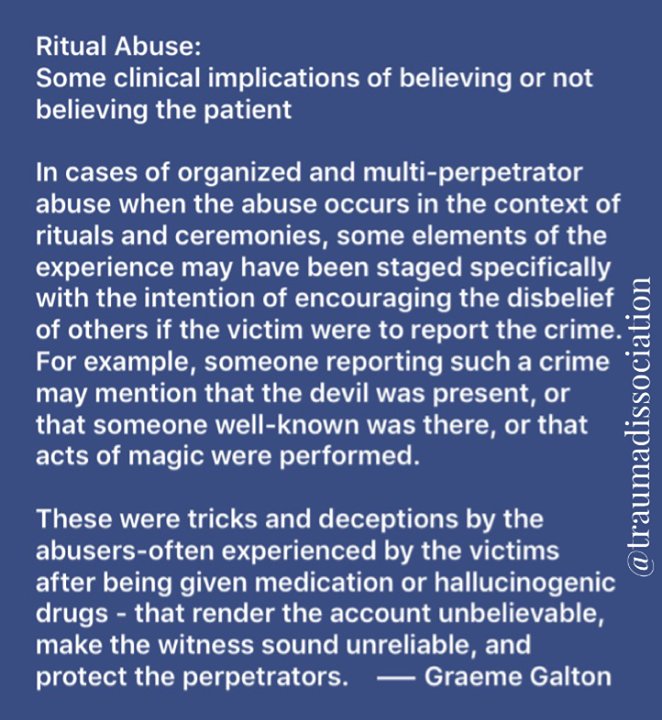 TraumaDID's tweet photo. Ritual Abuse: Some clinical implications of believing or not believing the patient
#dissociativeidentitydisorder #endritualabuse #mcsra #mcra #ritualabuse #organizedabuse #ritualabuseandmindcontrol #quote
In cases of organized and multi-perpetrator abuse when the abuse occu… https://t.co/6Uk2f5rgH3
