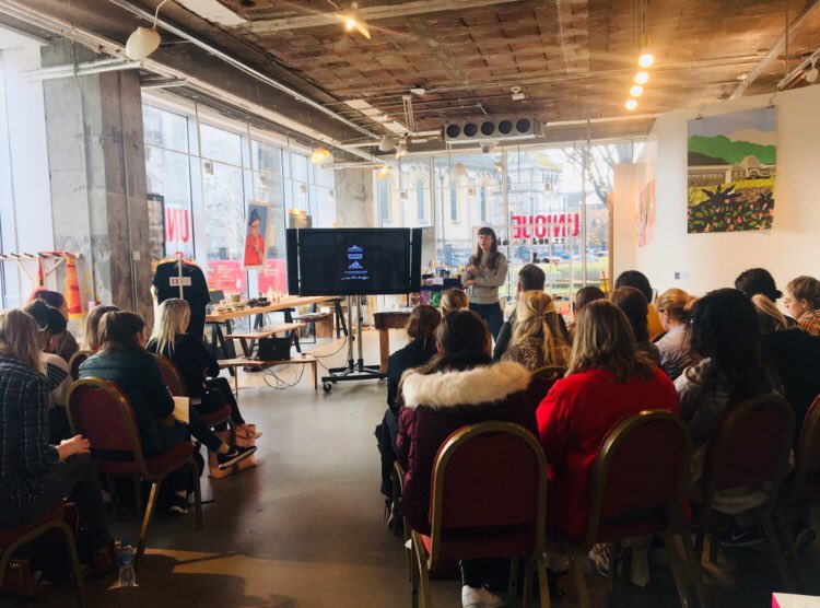 UUSUENTSOC's tweet photo. What an absolutely fantastic talk in @uniquebelfast today by Siofra from @jumpthehedges 🌟 Such an inspiring story and some brilliant advice for all the textiles students in attendance! One Belfast event down, one more #GEW18 event to go tonight! 🎉 https://t.co/BoFFL0ALCp