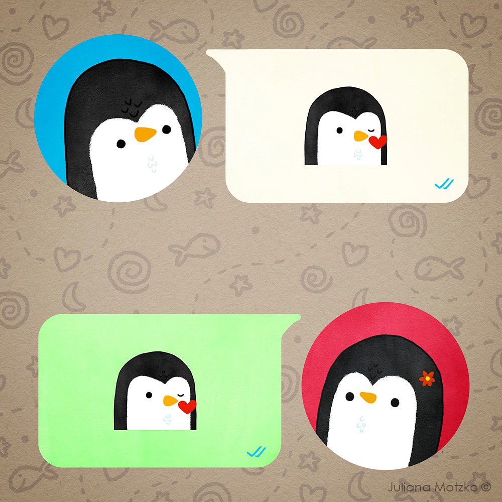 julianamotzko's tweet photo. Penguins App 😘🐧📱
#PenguinsApp #Messenger #Chat #Chatting #Texting #WhatsApp #Tribute #fun #Technology #HighTech #cute #emojis #PenguinEmojis #kiss #characterdesign #SocialMedia #love #flirting #kidlitart #kidlitartist #illustration #JulianaMotzko https://t.co/lr3x1QowzI