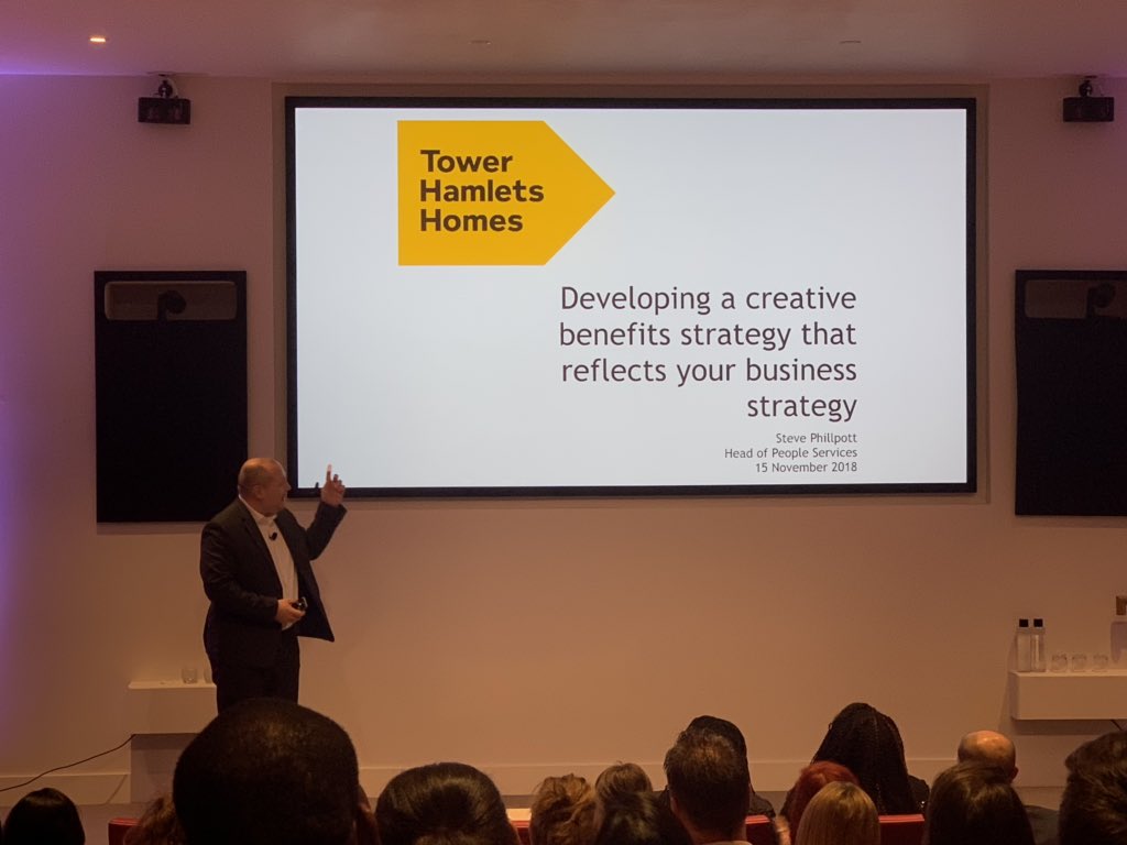 EnExcellence's tweet photo. Two time Engagement Excellence Awards winner, Steve Phillpott from Tower Hamlets Homes, kicking off his session on ‘Developing a creative benefits strategy that reflects your business strategy’ #EnExLive https://t.co/lpFrRTg8dZ