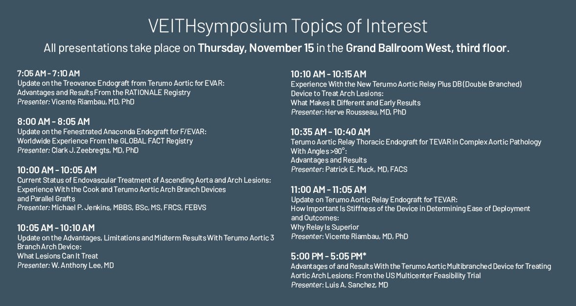 TerumoAortic's tweet image. It’s another busy day at #VEITH2018. Get a quick list of today’s session’s featuring Terumo Aortic products. #EveryApproach #EveryAorta #Interwovenwithlife