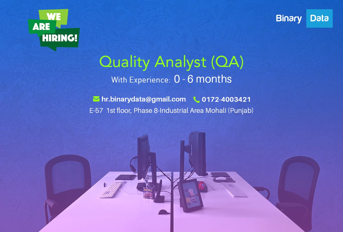 binarydataPL's tweet photo. #BinaryData is hiring for #Qualityanalyst (Tester) at Mohali Location.
Interested candidates can share their resume on info.binarydata@gmail.com or call on 01724003421.
#job #hiring #qualityassurance #qualitycontrol #qualitytester #qualitysystem. https://t.co/N9QkoB5xvI
