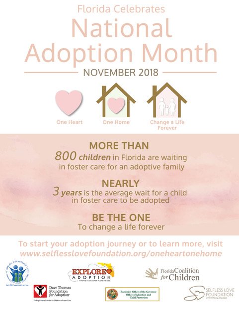 FLchildren1's tweet photo. We would like to thank the partners of our One Heart, One Home campaign: @selflesslovefdn, @MyFLFamilies (DCF), the Governor’s Office of Adoption and Child Protection, @DTFA, alongside Florida’s community-based care lead and provider agencies. https://t.co/m13EgRMOys #FLNAM https://t.co/JRkRFd6X0A