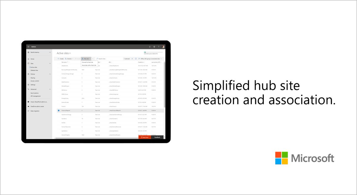 Now in the #SharePoint admin center, you can manage existing hub sites in addition to creating hub sites and associating existing sites with a hub site. These capabilities also extend to multi-geo scenarios.  techcommunity.microsoft.com/t5/Microsoft-S…