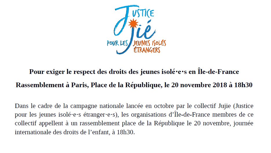 legisti's tweet photo. #Jujie Pour exiger le respect des droits des jeunes isolé⋅e⋅s en Île-de-France
Rassemblement à Paris Place de la République le 20 novembre à 18h30
https://t.co/y1WFM8MGak https://t.co/EzIAzt2XEt