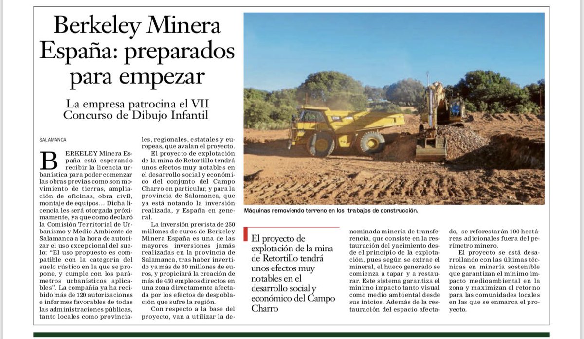 Proyecto Salamanca - Berkeley Minera (@minasalamanca) on Twitter photo Preparados para empezar 👷🏼♂️👷🏼♀️
Artículo de hoy 15/11/2018 en la <a href="/LaGacetaSA/">La Gaceta de Salamanca</a>
#Salamanca #MinaSí #Retortillo Preparados para empezar 👷🏼♂️👷🏼♀️
Artículo de hoy 15/11/2018 en la <a href="/LaGacetaSA/">La Gaceta de Salamanca</a>
#Salamanca #MinaSí #Retortillo