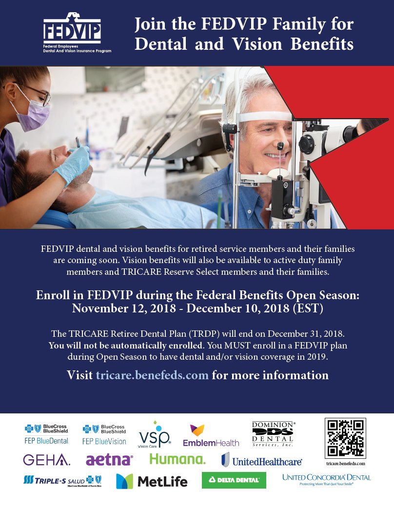 USOPM's tweet image. Most family members of #ACTIVEDUTY personnel will be eligible for vision coverage with #FEDVIP. You must be enrolled in a TRICARE health plan to be eligible: TRICARE.benefeds.com