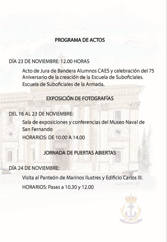 Sfdoturismo's tweet photo. Programa de actos con motivo del 75º aniversario de la Escuela de Suboficiales de la Armada.
#sanfernando #turismosanfernando #ESUBO https://t.co/qC5hRUOeBC