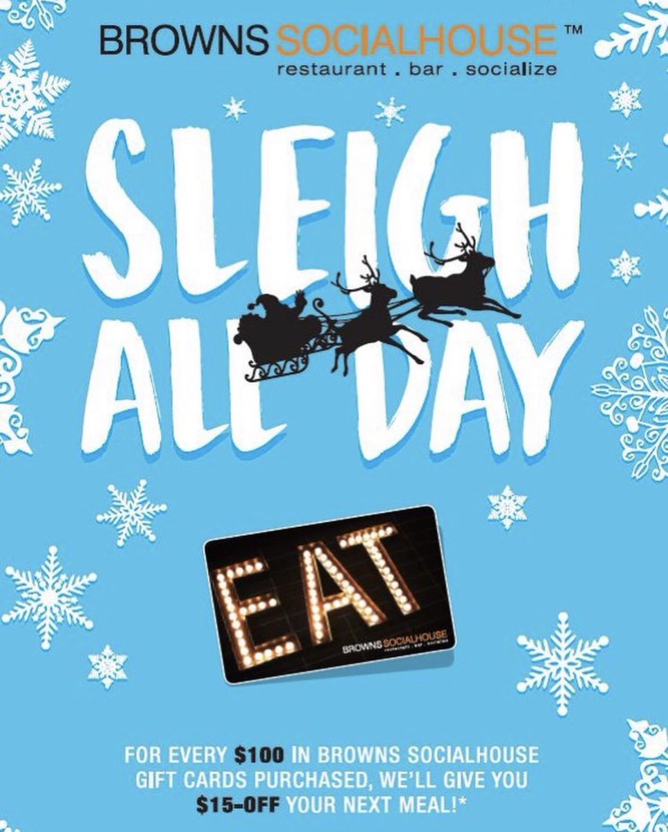 We love to give during the holiday season! And that’s why we’re giving you $15 towards your next meal AND and an entry to win a Social Experience valued at $250 every time you spend $100 on @BrownsSocialize gift cards! 🎁 #HappyHolidays