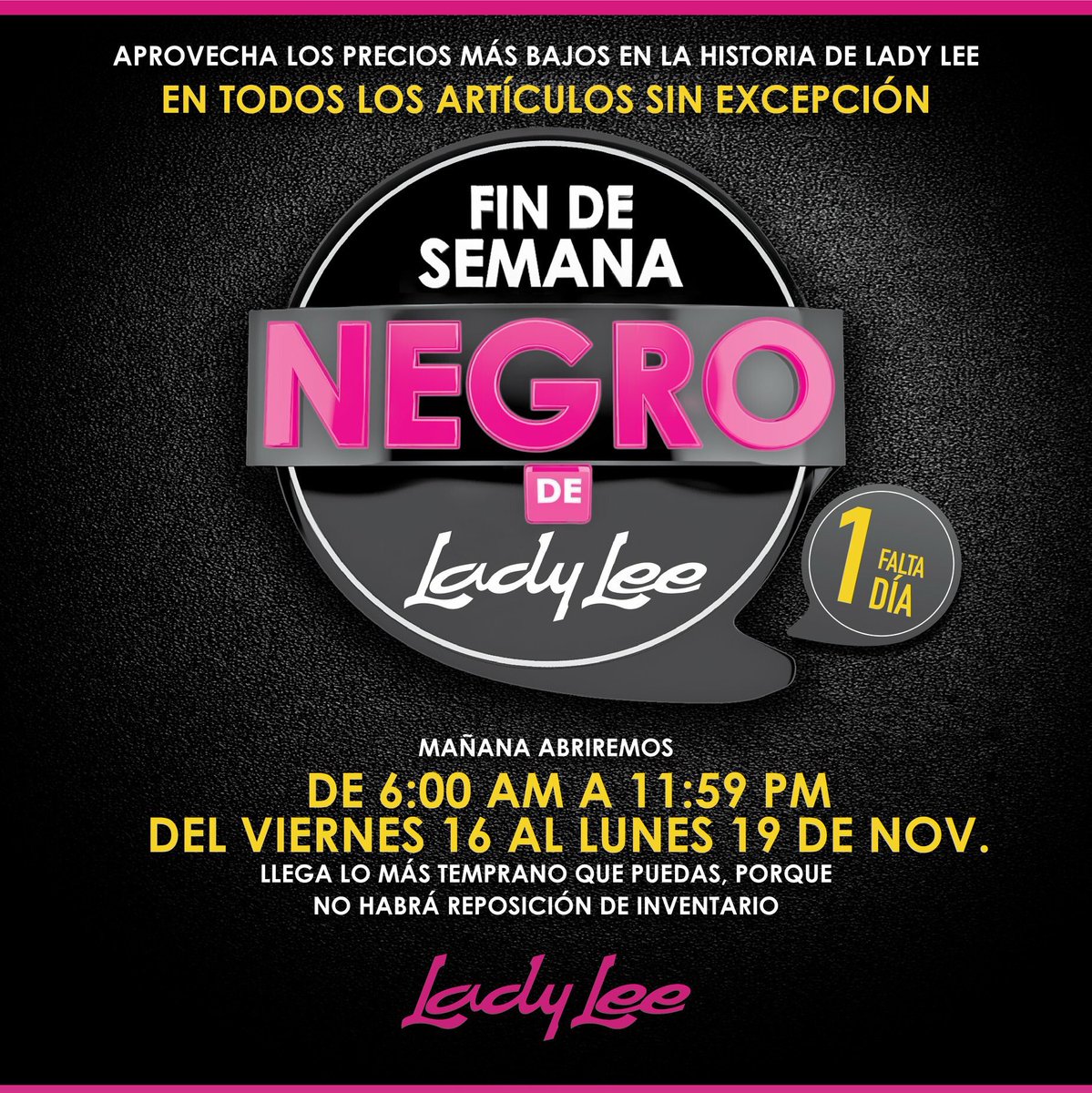 LadyLeeHND's tweet photo. ¡MAÑANA!
Pon tu alarma tempranito porque comenzamos desde las 6AM y no habrá reposición de inventario.
•
#FDSN #blackfriday #LadyLeeHND https://t.co/YpNyqGJAHS