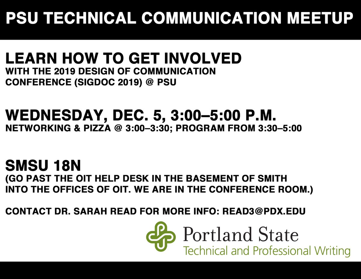 Join us for the December PSU Technical Communication Meetup! We are honored to host the SIGDOC 2019 Conference in October. Learn how you can get involved! sigdoc.acm.org/conference/201…