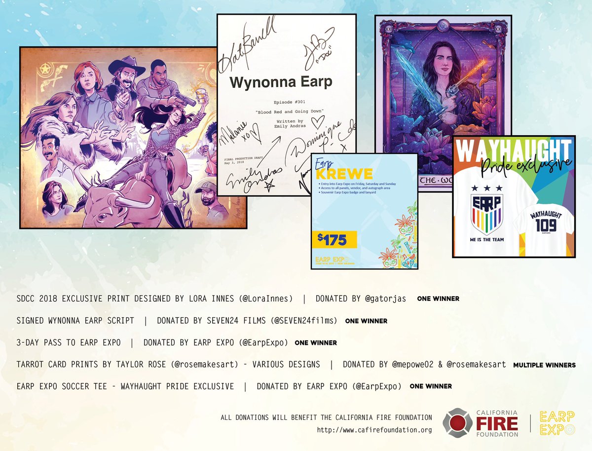 EarpExpo's tweet photo. 📢#Earpers

We are announcing a new campaign to aid relief efforts in CA through the @CAFireFound

We have prizes including:

*(1) Weekend Expo Pass
*@Comic_Con @LoraInnes Print
*Signed #WynonnaEarp Script donated by SEVEN24films 💛
*Tarot Card Prints donated by @rosemakesart https://t.co/F9QrzMWyi7