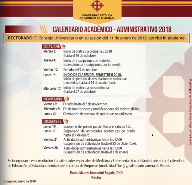 aeduc2018's tweet photo. ▶️Compartimos el calendario académico - administrativo de los meses de noviembre, diciembre del 2018 y de enero a marzo del 2019. Favor tomar en cuenta las fechas importantes. #AeducInforma https://t.co/QA9s45OnEI