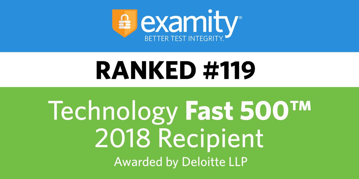 examity's tweet photo. It's the last day at #OLCAccelerate, and we have great news! @Examity was added to Deloitte's 2018 Technology #Fast500. Come by Booth 218, learn about our #testintegrity solution and discover why we made the list! https://t.co/v56iE2hOak