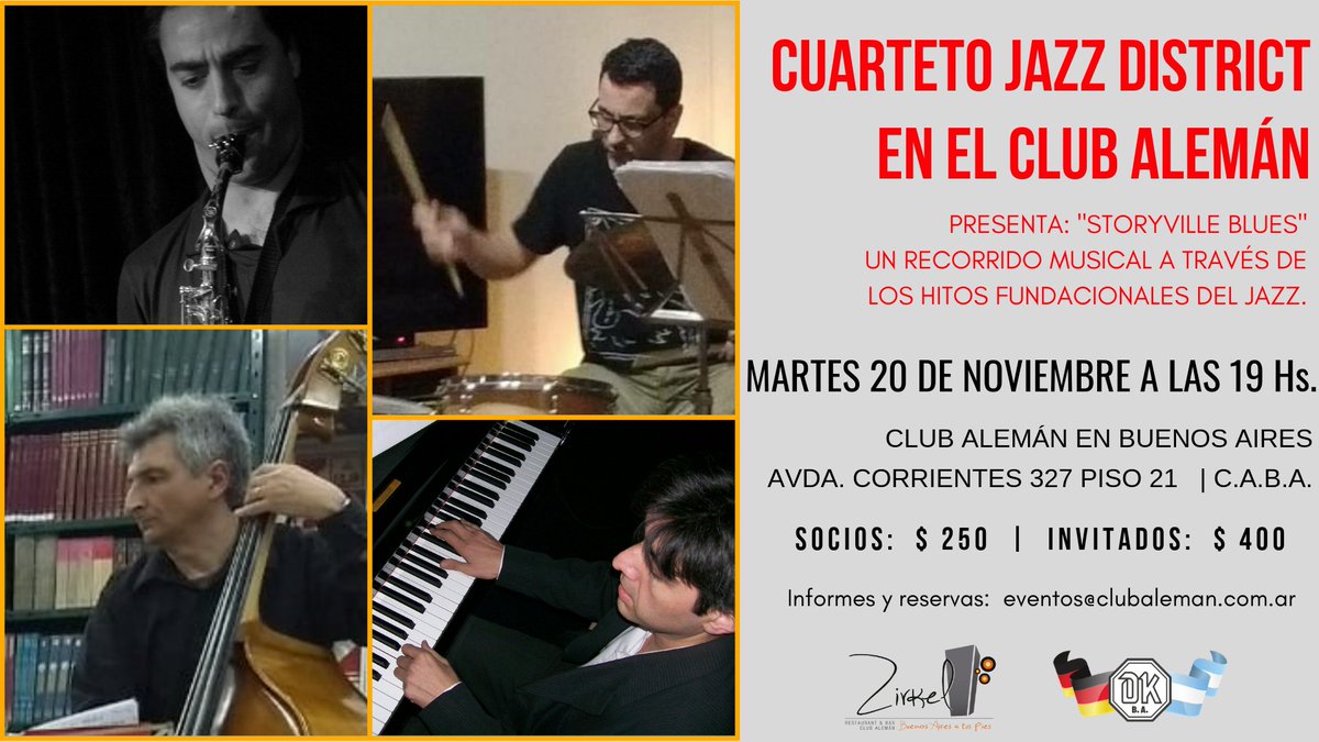 dkbuenosaires's tweet photo. Socios y Amigos: el próximo martes 20 recibiremos al "Cuarteto Jazz District" en nuestro Club en el que presentarán "Storyville Blues", un recorrido musical a través de los hitos fundacionales del #Jazz. Nuestro Zirkel Restaurant &amp; Bar ofrecerá un #aperitivo. ¡No se la pierdan! https://t.co/CeAOMYDO04
