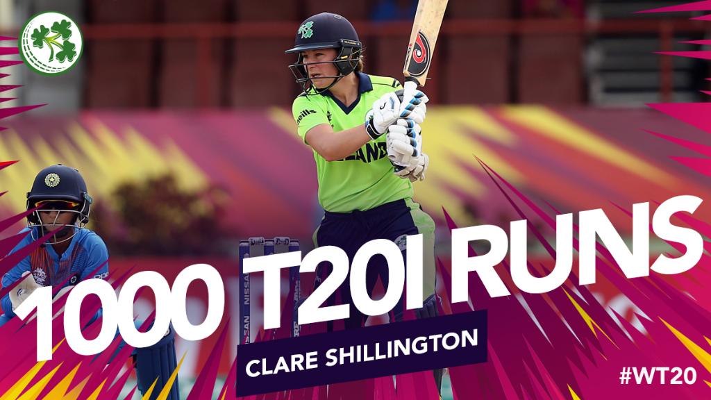The incredible <a href="/ShillersC/">Clare Shillington</a> becomes the first Irish woman to surpass 1000 T20I runs, and fourth Irish player overall. What an achievement for the veteran who is a big reason Ireland are here in the Caribbean as she was top-scorer &amp; Player of the Tournament in the qualifier 👏 #WT20