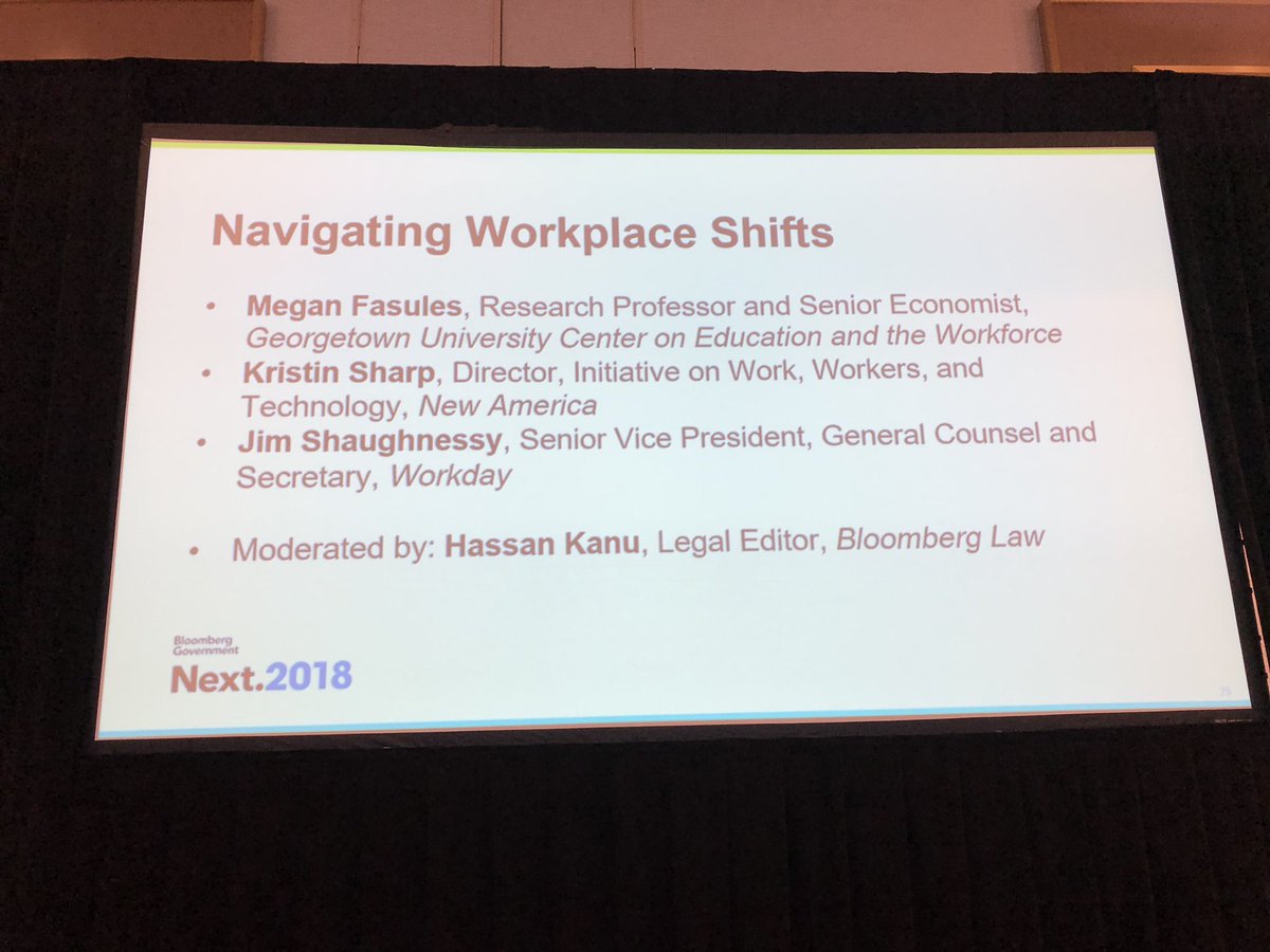 Monument's tweet photo. Interesting group of panelists discussing “Navigating Workplace Shifts” @jpshaugh of @Workday, @ktsharp2 of @NewAmerica and Megan Fasules of @GeorgetownCEW #BloombergNext @BGOV @blaw https://t.co/sfBmeaEkMF