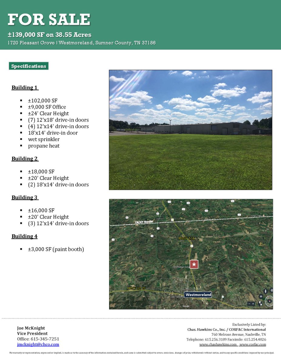 ±139,000 SF Industrial Building for Sale!  Situated on ±38.55 Acres.  Asking price $1,250,000.  4 Total Buildings located off Hwy 231 in Sumner Co; 4.7 miles from TN/KY border.

Contact CHCO Broker Joe McKnight for more information!