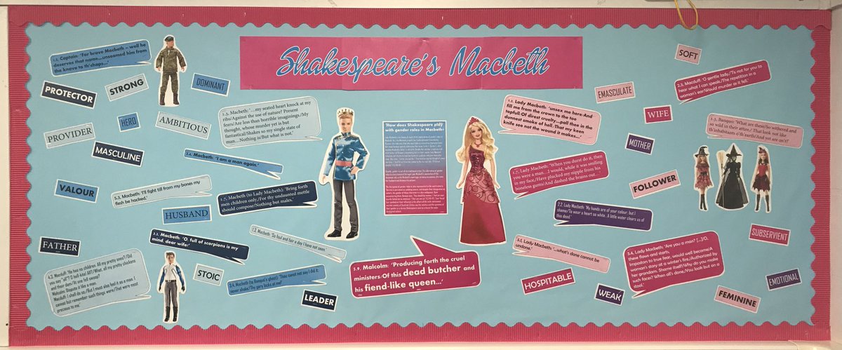 bletsoe_j's tweet photo. Y11/10 have voted &amp; the result is v much gender based reasons for #MacbethsMurderousCampaign despite a range of other possible reasons. My display? #BarbieMeetsMacbeth #MacbethDisplay #TeachingMacbeth #MacbethGender https://t.co/d8lIdKadJ3