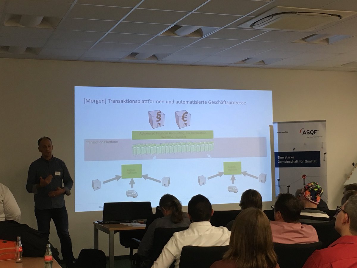 SchildSteffen's tweet photo. Keynote from Michael Schmidt @DATEV on 1. #qualitynight @yourasqf in #nuernberg about future usage of #blockchain besides #bitcoins https://t.co/fJZzTDeKGr