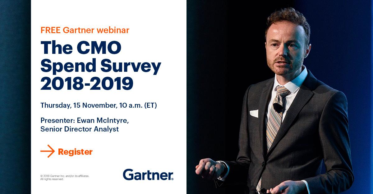 Gartner_inc's tweet photo. The annual #CMO Spend Survey is a #marketing bellwether that taps into the budget and spending commitments of CMOs in NA and the UK. Join us today at 10am ET for a free webinar: The CMO Spend Survey 2018-2019 with @ewanmcintyre4. Register: https://t.co/Ycm2cpzzvV #GartnerDMC https://t.co/xkPvdOu0AW