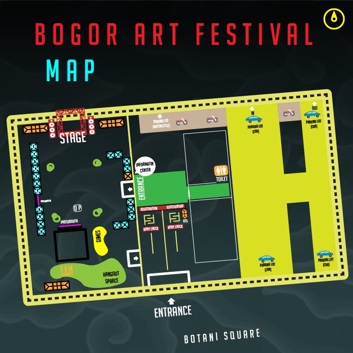 Hello people,

Here's the map of The 8th Bogor Art Festival. Let it be your guide and don't worry if you get lost in our venues.

Come join us in The Bogor Art Festival. Grab your tickets now, we'll see you!

Contact us:
▪Official LINE: @prb1053c
▪Instagram: @bogorartfest