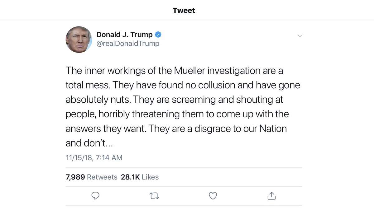 Sooo, correct me if I’m wrong but this is the first time Trump has commented on the “inner workings” of the Mueller investigation.  He seems to be regurgitating something someone told him, someone with inside info perhaps? #Whitaker #ThursdayThoughts #TrumpRussia #FBI