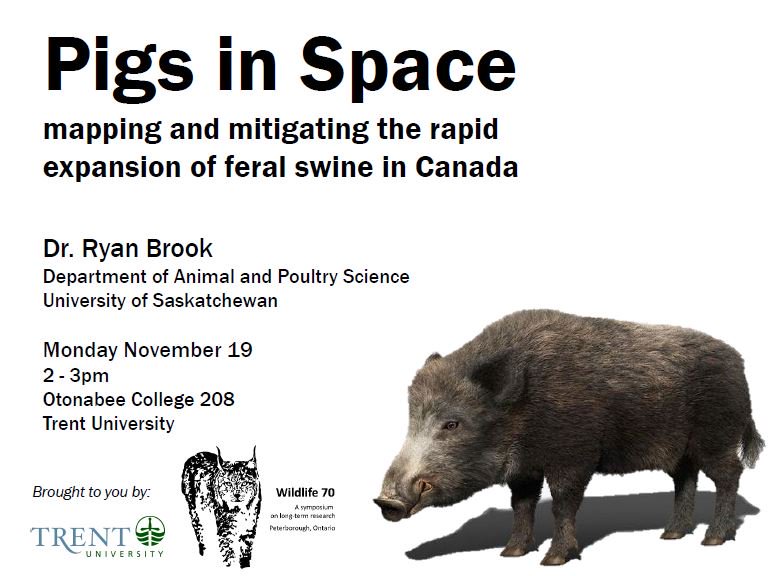 Pigs in space! We are please to host @RyanKBrook on Monday 19 November at Trent University to speak about feral swine in Canada <a href="/Trentbiology/">Trent Biology</a> Otonabee College rm 208 2-3 pm.